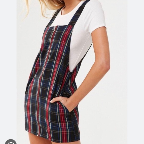 Plaid Overall Jumper Dress Navy Blue/Red- Size M - Zip Up - Picture 1 of 4